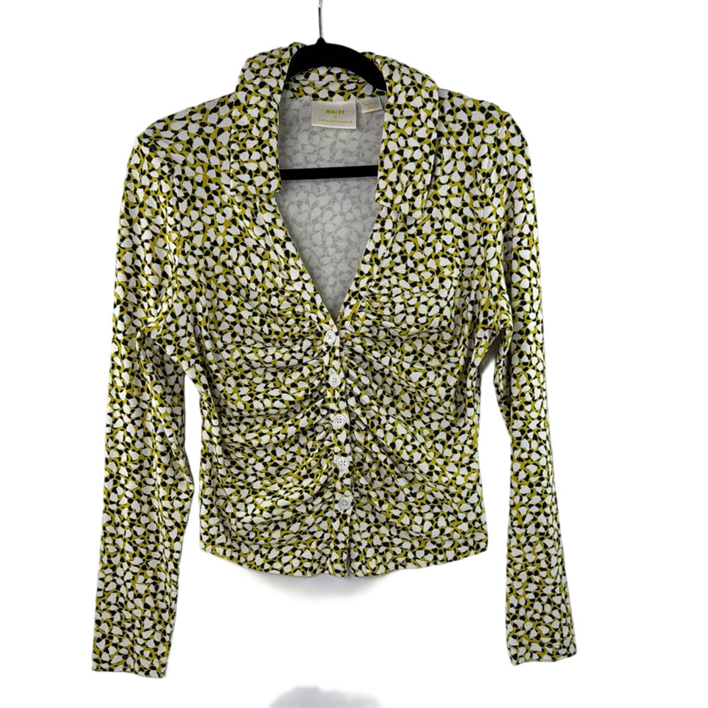 Maeve by Anthropologie Mango Green and Cream Ruched Button Down Shirt